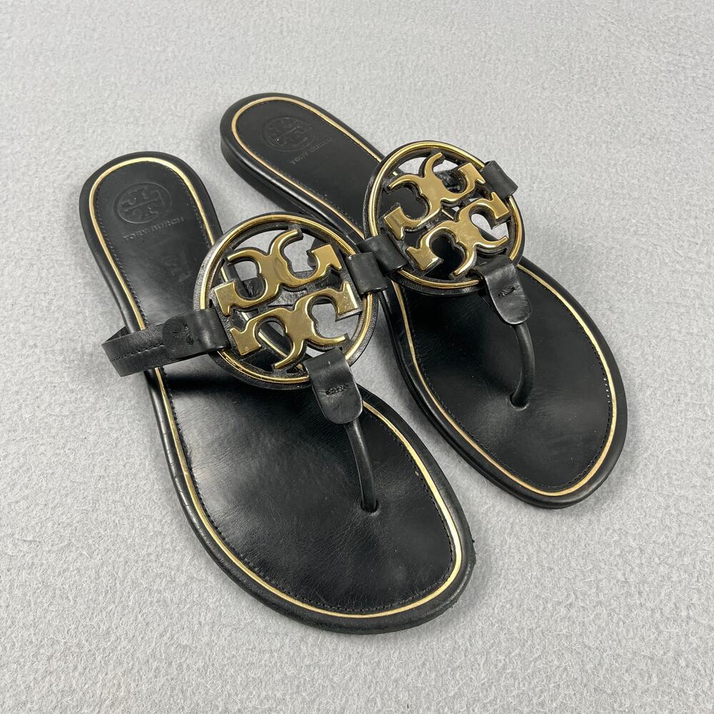 Tory Burch Miller Metal Logo Sandals Black Gold Trim Flat Thong Women's 8.5M